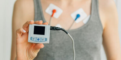 Woman wearing holter monitor device for daily monitoring of an electrocardiogram. Treatment of heart diseases
